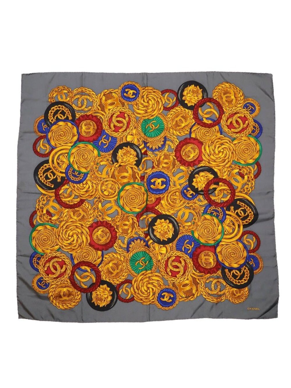 Chanel CC Logo Chain Button Scarf Shawl Large Silk 100% Gray Gold Multicolor